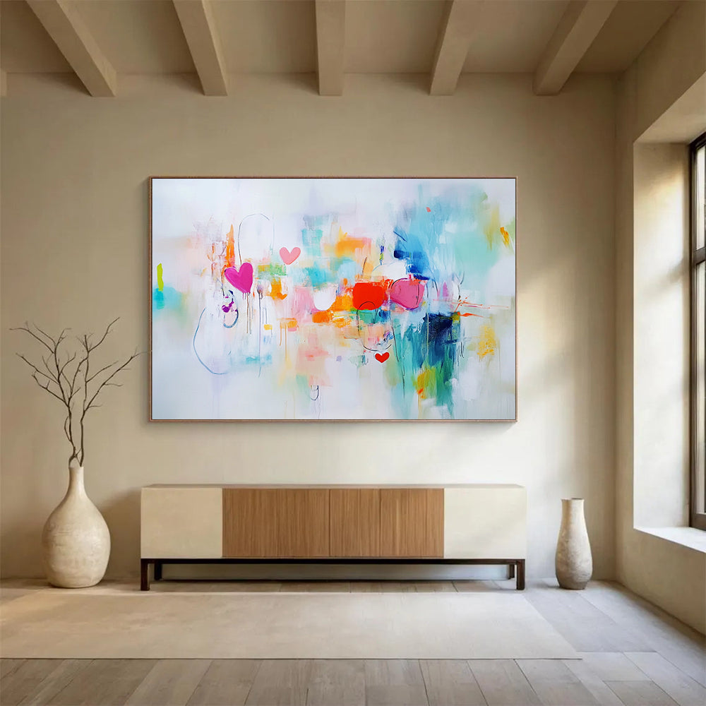 “Hearts and Hues” - Pink, Teal, Orange, Abstract Love - Contemporary Acrylic Painting HB1515