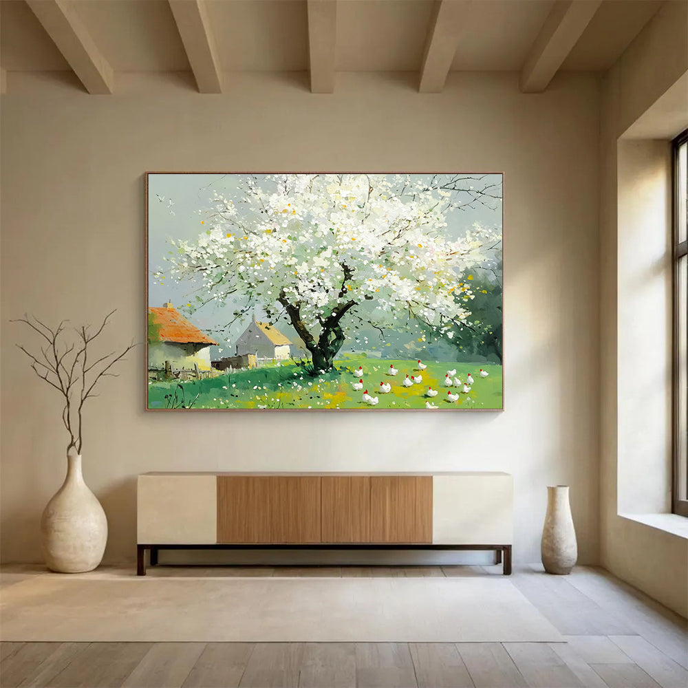 “Blossoming Tree & Farm Scene” - White blossoms, green field, farmhouses, Impressionist Landscape Painting On Canvas HB0597