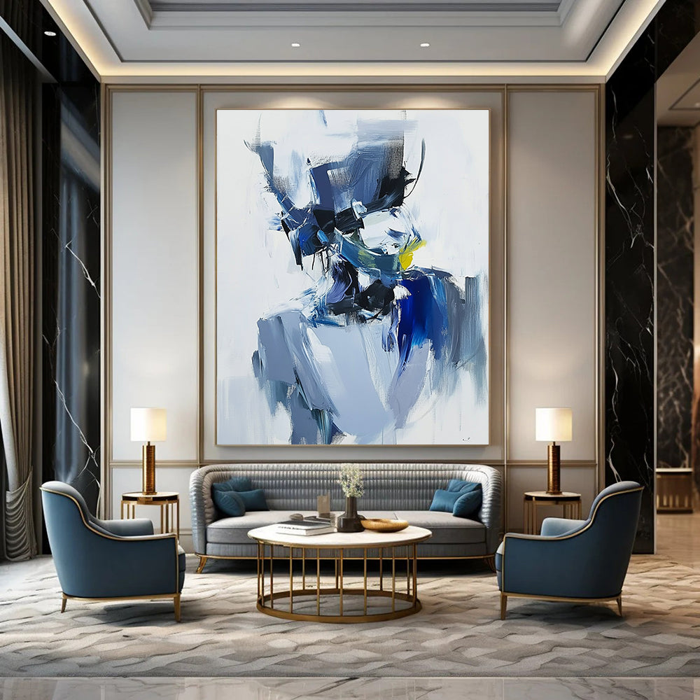 Contemporary abstract artwork featuring expressive blue and white character with brushstrokes, minimalism, and dark gray shapes for an elegant atmosphere. DLZ0951