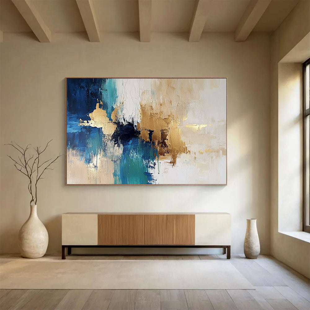 “Blue and Gold Abstract Fusion” - Blue, Gold, White, Abstract Color Fusion Painting On Canvas HB0968