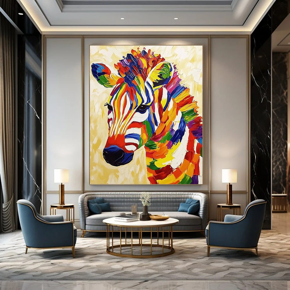 Vibrant contemporary abstract painting featuring a textured zebra on a beige background radiating cheerful energy and bold colors. DLZ1401