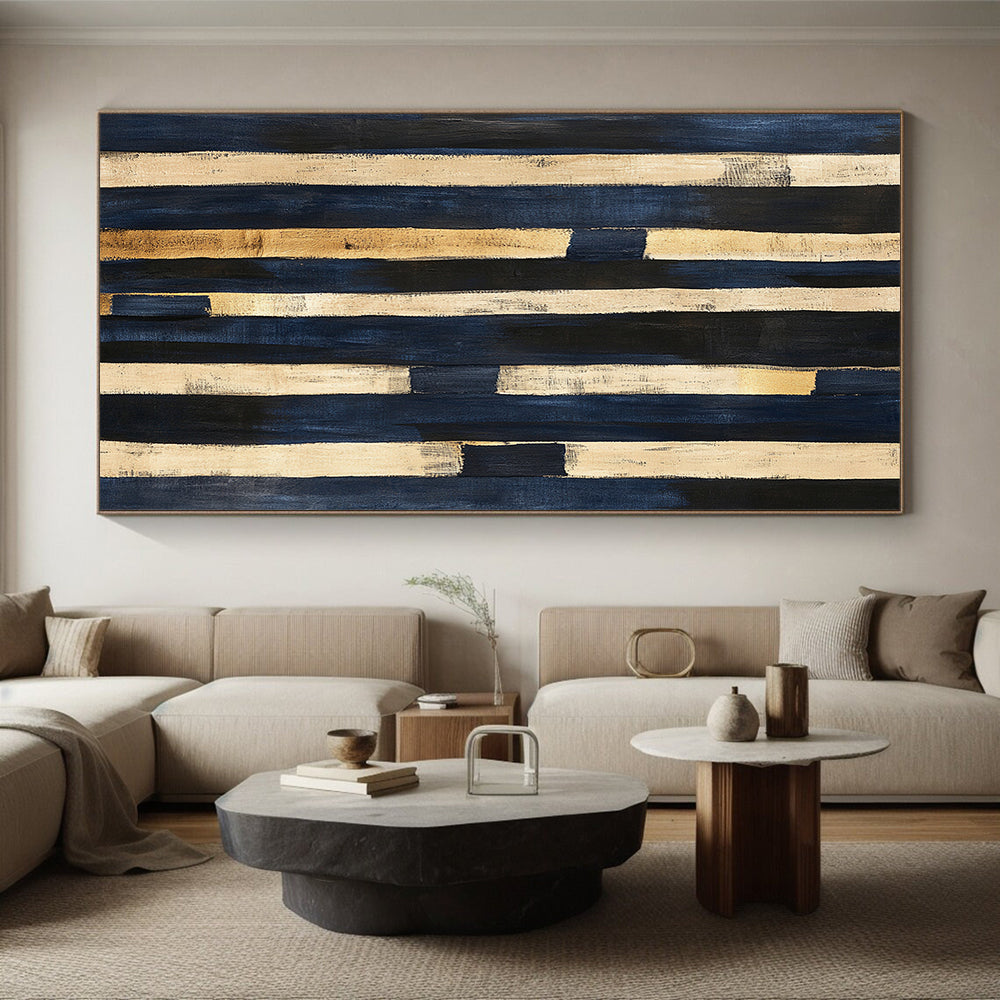 Navy Blue, Beige, Gold, Vertical Stripes "Coastal Rhythm" Abstract Nautical - Inspired Painting On Canvas HB043