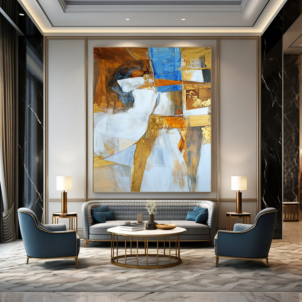 Contemporary abstract artwork featuring Apollo in white brown and blue with golden accents deconstructed in a unique artistic style. DLZ1001