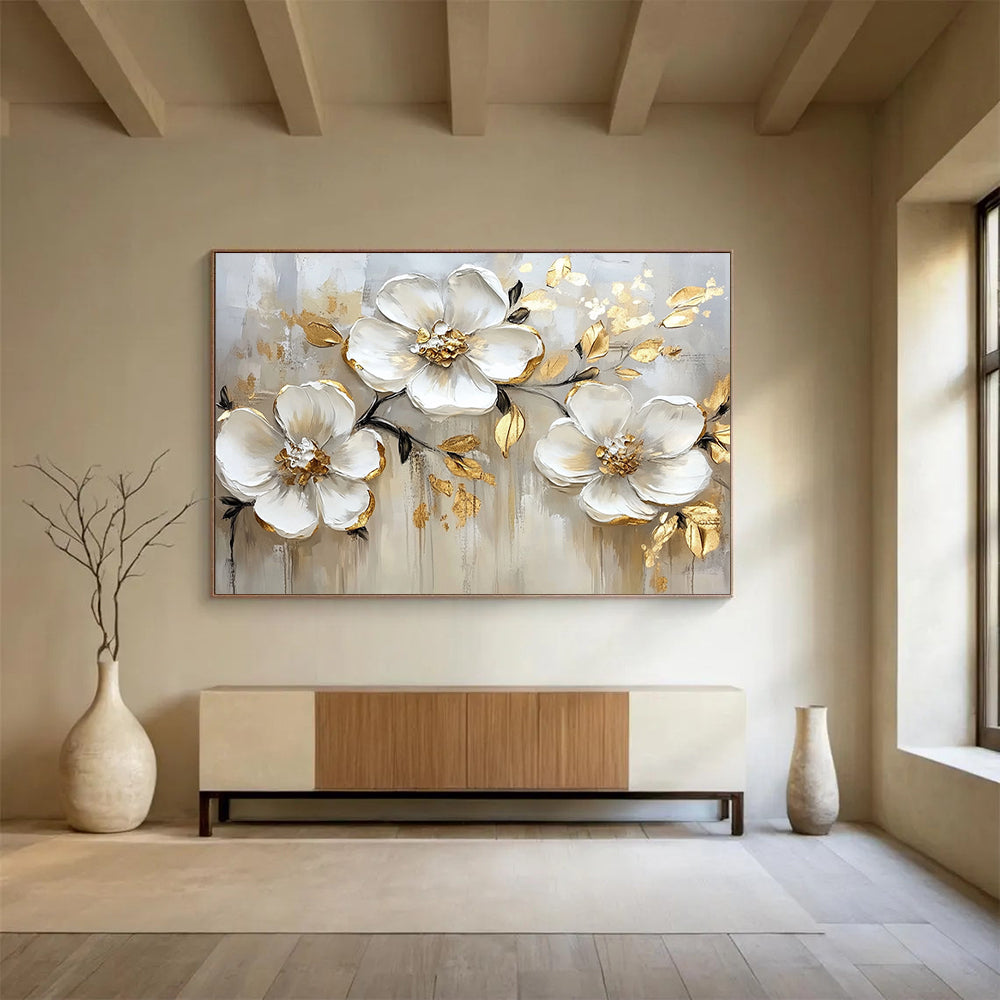 “White Flowers with Gold Edges on Beige” - White, Gold, Beige, White flowers with gold edges on beige - Impasto Oil Painting HB1787