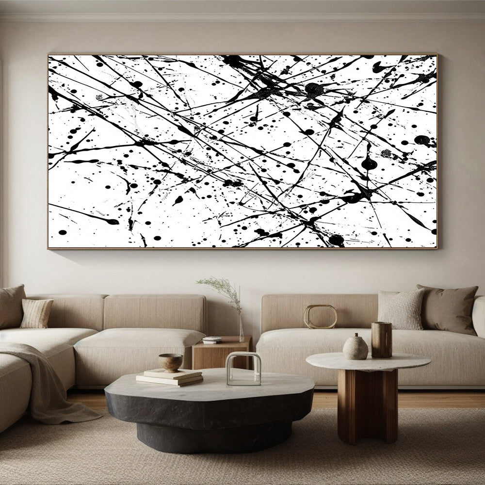 Black and White Splattered Lines "Chaotic Energy" Painting On Canvas HB251