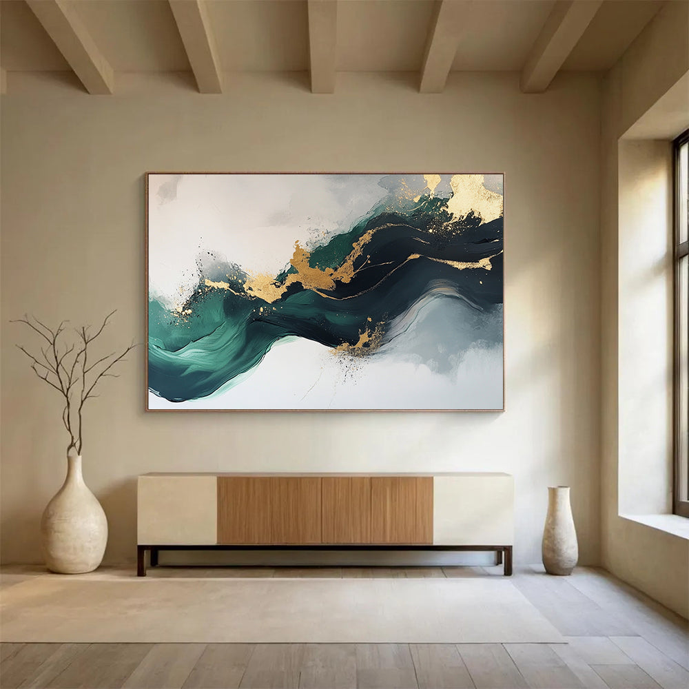 “Elegant Gold and Green Abstract Flow” - Green, gold, gray, white; Abstract fluid shapes with gold accents; Acrylic Painting On Canvas HB1240