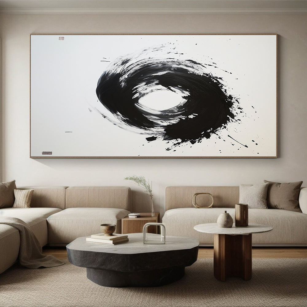 Black and White Splattered Circle "Energetic Enso" Painting On Canvas HB272