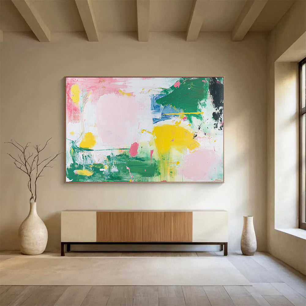 “Soft Color Splash Abstract” - Pink, Green, Yellow, Blue with Gentle Splashes - Painting On Canvas HB1369