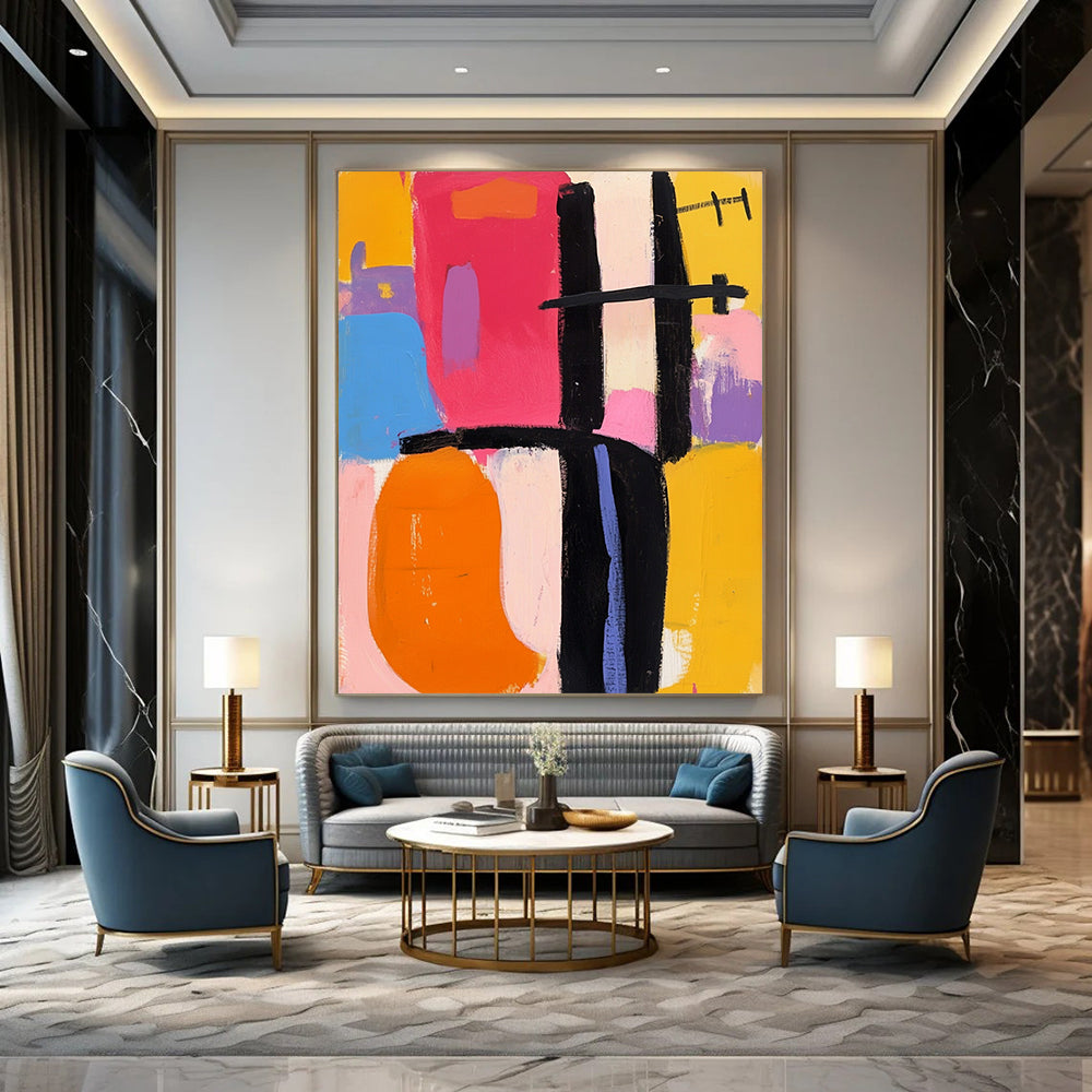 Bold contemporary abstract artwork featuring vibrant pink orange yellow blue black and purple shapes inspired by Frank Kline's dynamic style. DLZ0931