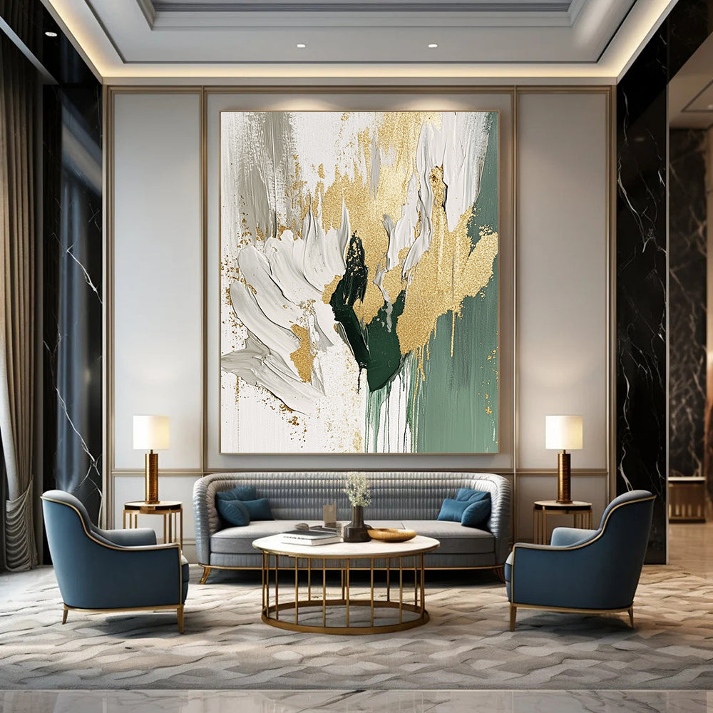 Contemporary abstract artwork featuring a beige and white palette with gold foil accents flowing brush strokes and sage green splashes on a white background. DLZ0906
