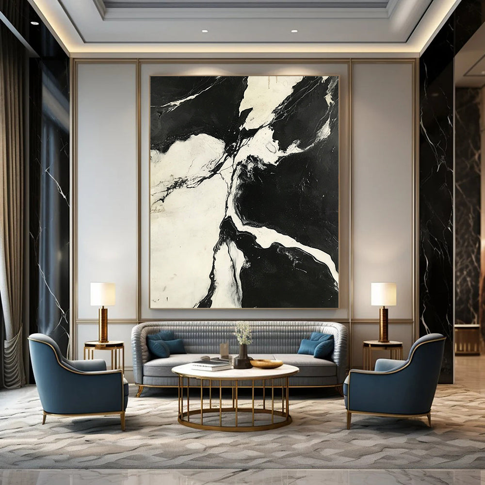 Contemporary hand-painted abstract art showcasing a striking black-and-white aerial view of high-contrast marble patterns. DLZ1138