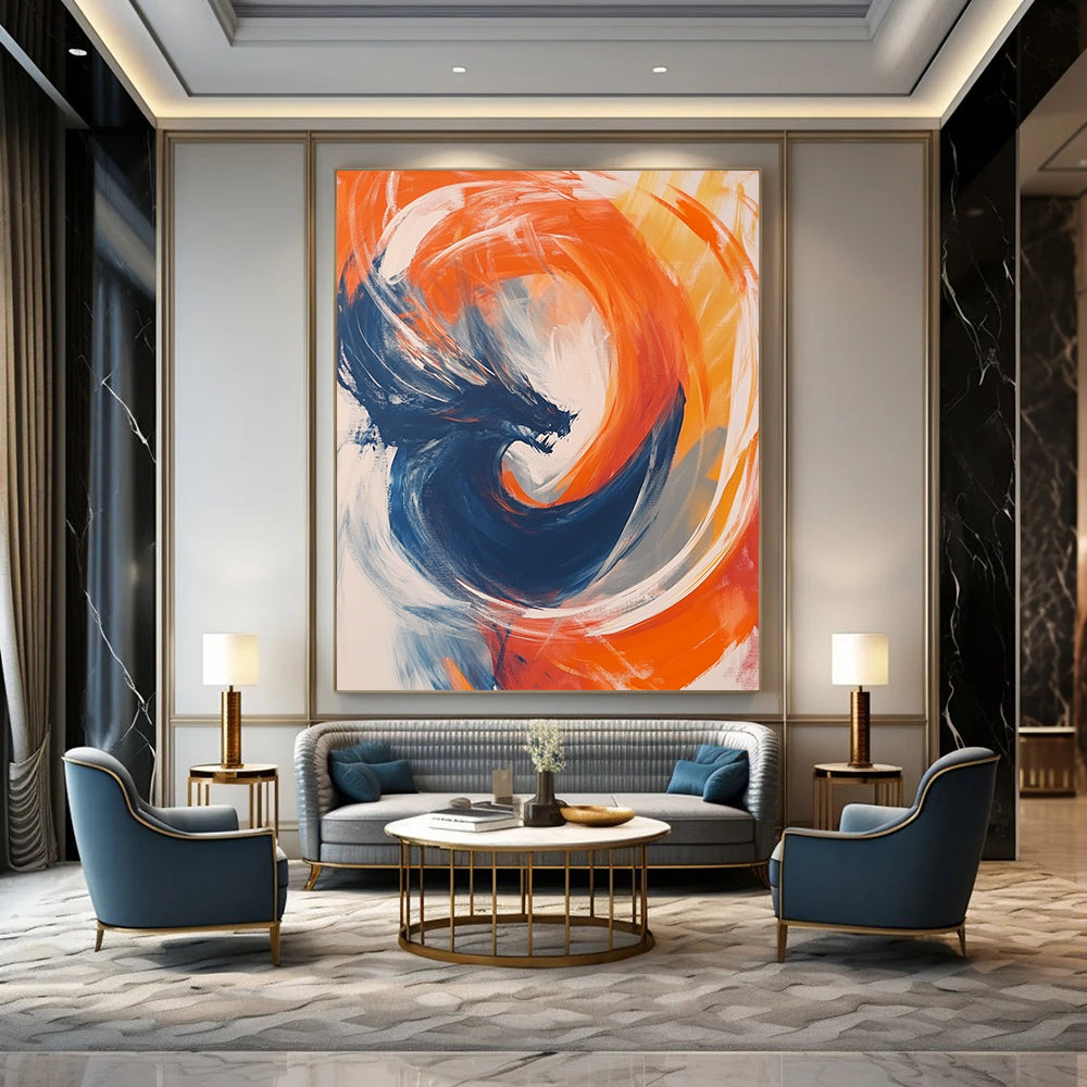 Contemporary abstract artwork featuring vibrant orange and blue circular forms with fluid movement, white strokes, and a dynamic dragon motif at the center. DLZ1014