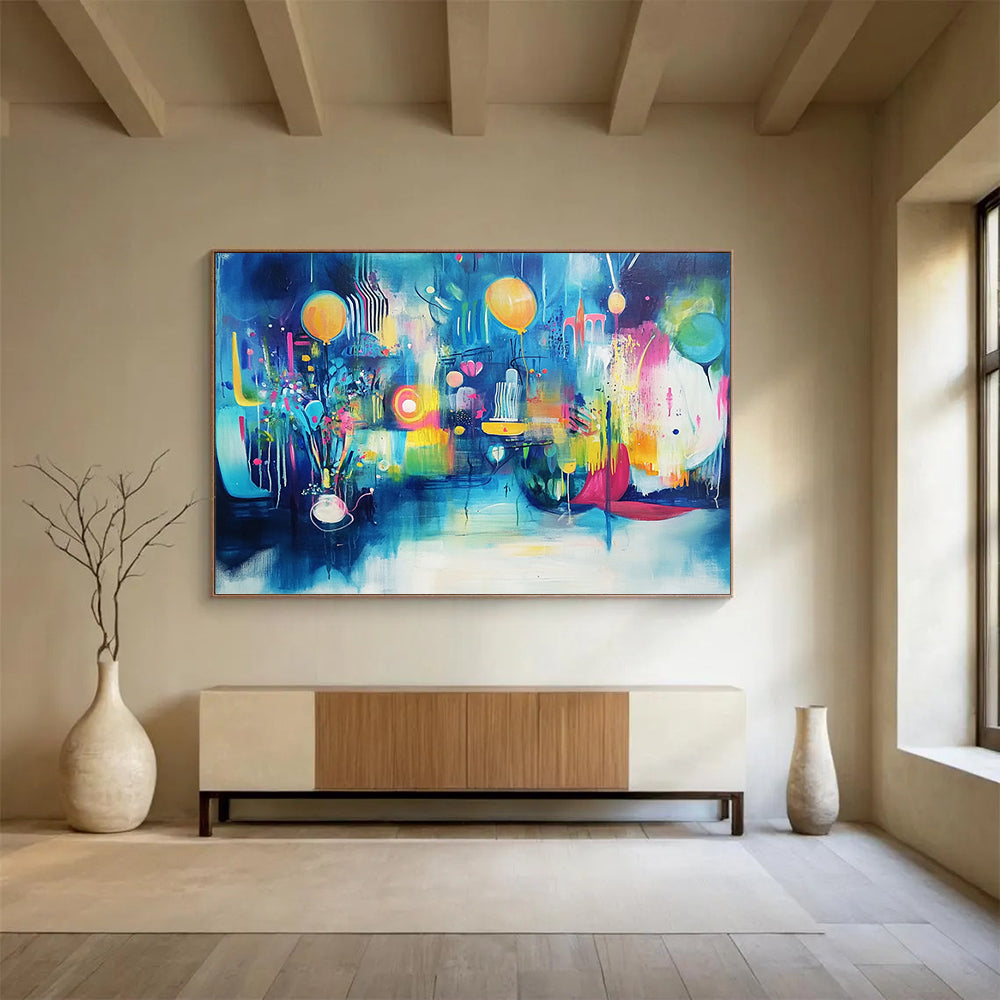 “Vibrant Blue Celebration” - Blue, Yellow, Pink, Abstract Party - Fauvist Acrylic Painting HB1502