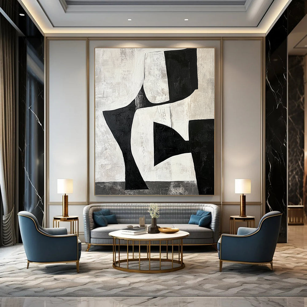 Contemporary hand-painted abstract artwork featuring black and white shapes creating negative space resembling legs against a gray-toned background. DLZ1392