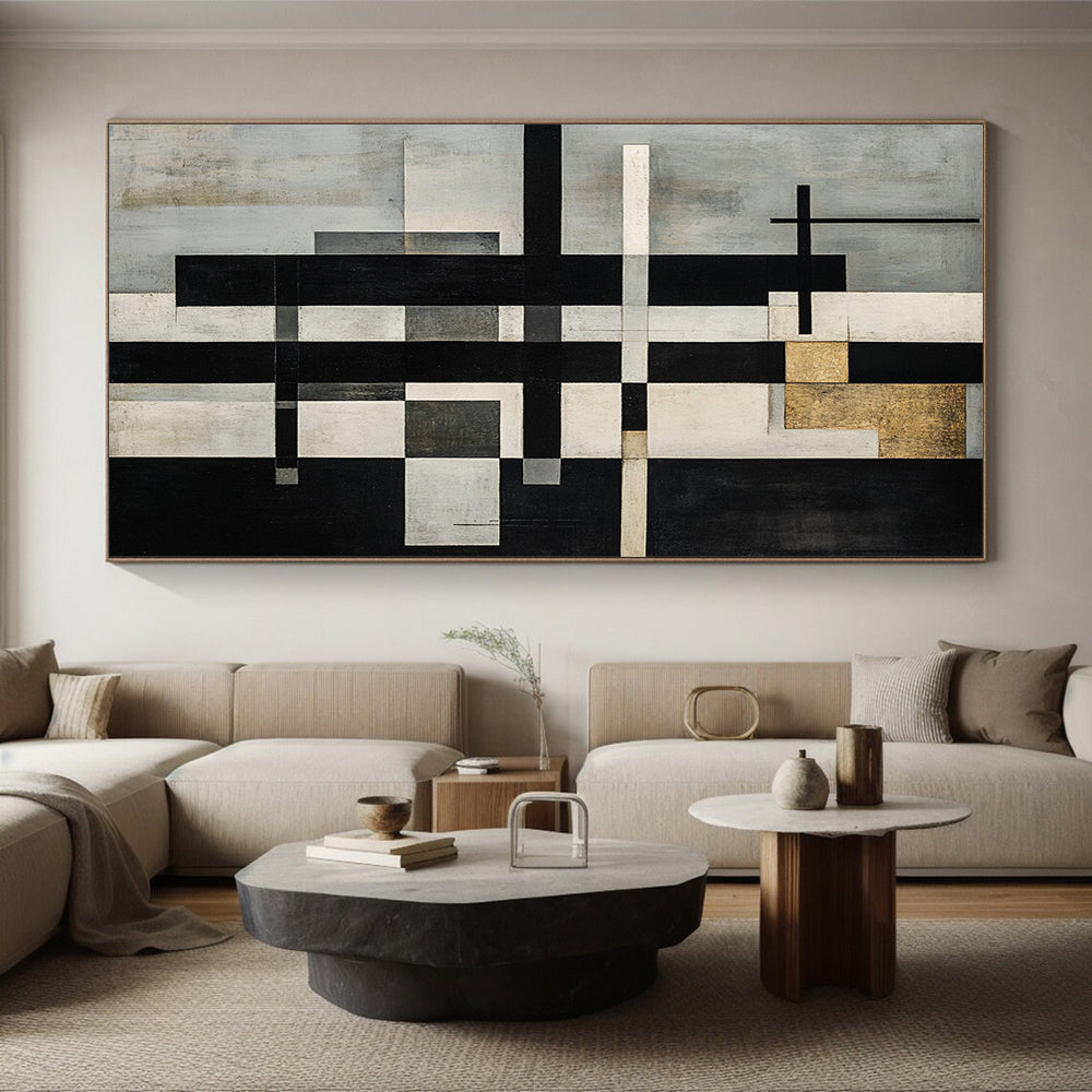 Gray, White, Black, Gold with Intersecting Lines "Structured Harmony" Abstract Painting On Canvas HB012