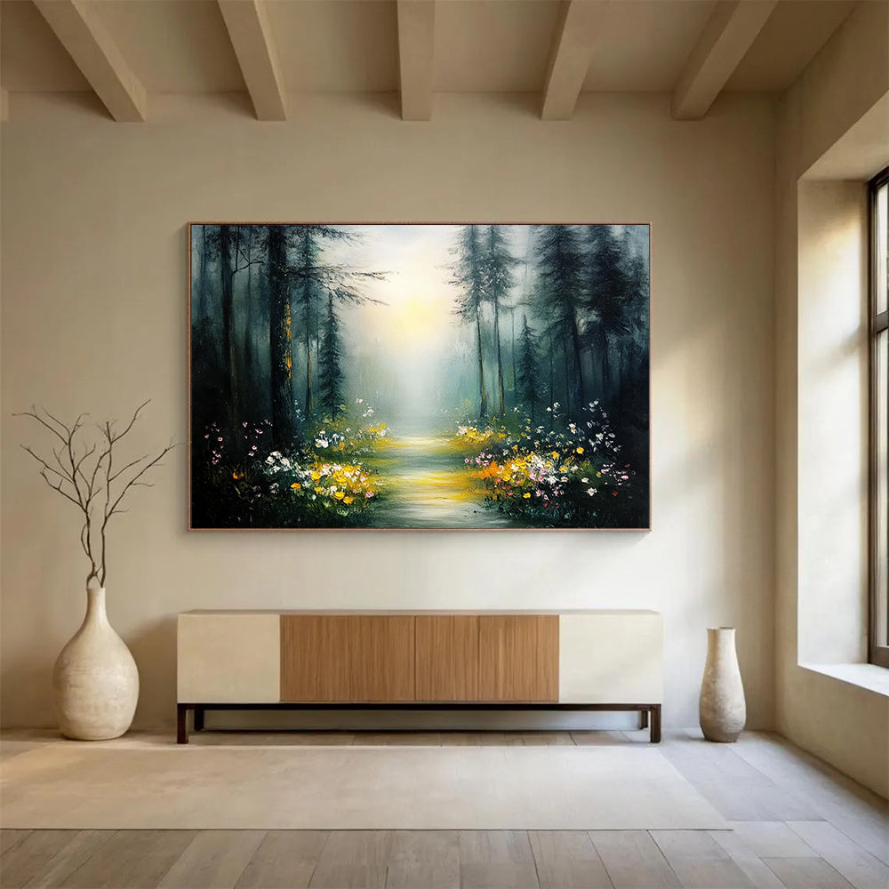 “Enchanted Forest Trail” - Vibrant Yellows, Pinks, Greens, Flower - Lined Forest Path - Whimsical Oil Painting HB1691