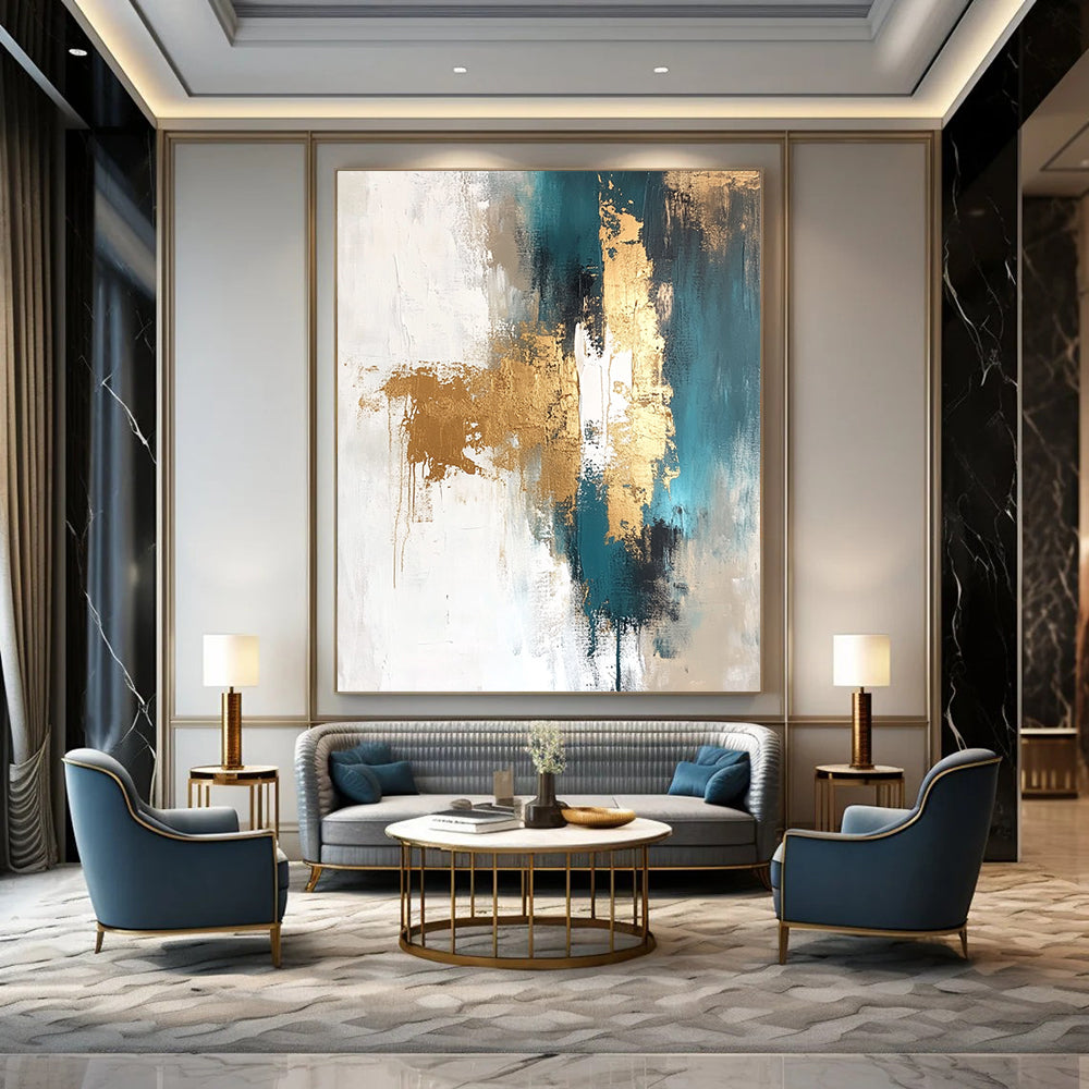 Contemporary hand-painted abstract artwork featuring gold leaf with white teal beige and brown tones and elegant gold foil accents. DLZ0743