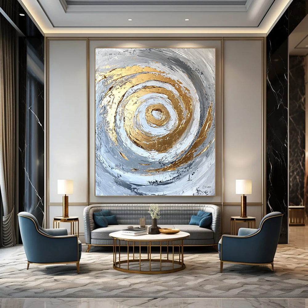 Contemporary abstract artwork features gold accents on a textured white and grey background with bold brush strokes and palette knife techniques. DLZ0808