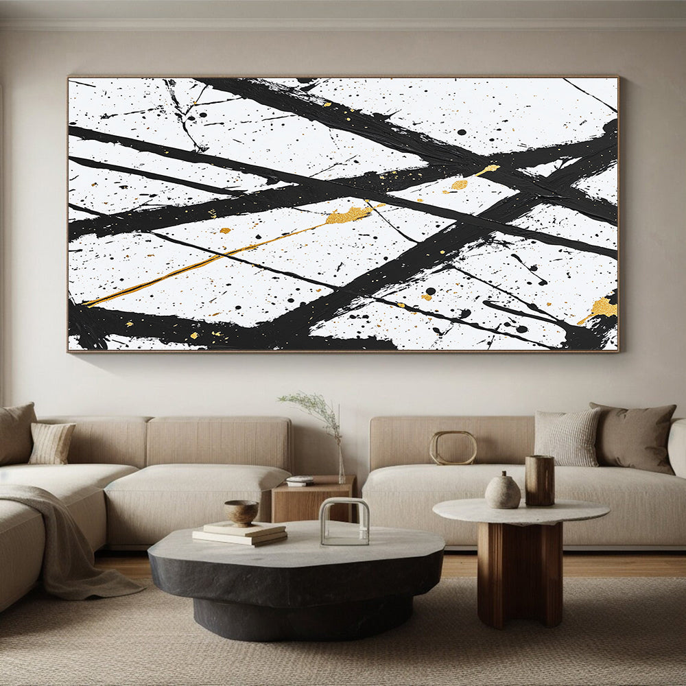 Black, White, Gold, Crossed Lines "Golden Intersection" Abstract Expressionist Painting On Canvas HB048