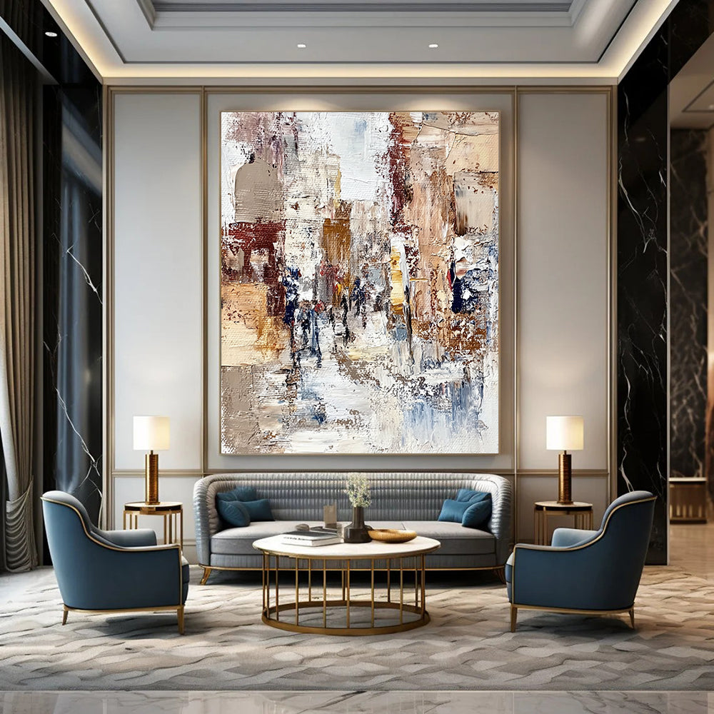 Contemporary hand-painted abstract artwork featuring textured streets and figures in an old European city with rich colors and intricate details. DLZ1005