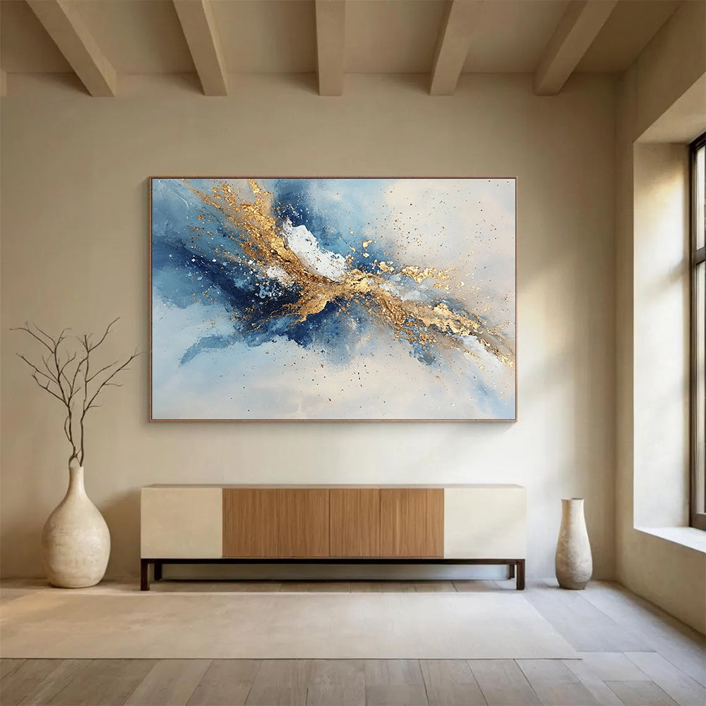 “Dynamic Gold - Blue - Gray Abstract Splash” - Gold, Blue, Gray, White, Energetic Splashes Painting On Canvas HB0824