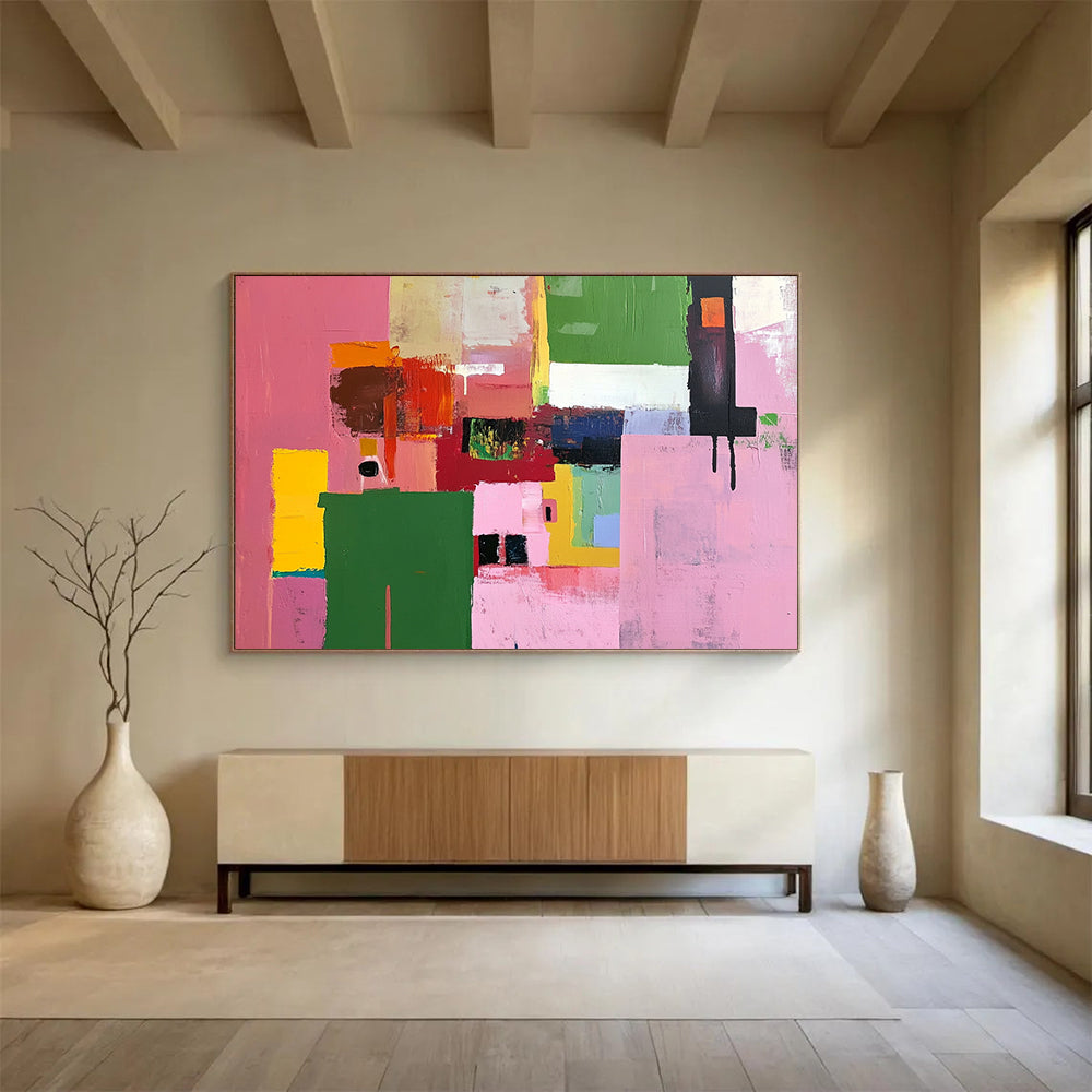 “Colorful Geometric Blocks” - Pink, Green, Yellow, Abstract Shapes - Acrylic Painting HB1487