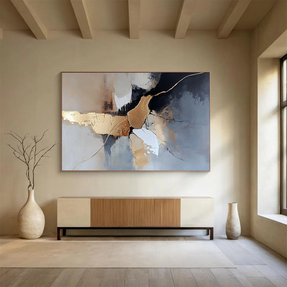 “Gold - Accented Abstract Forms” - Gold, Gray, White, Abstract Forms Painting On Canvas HB0995