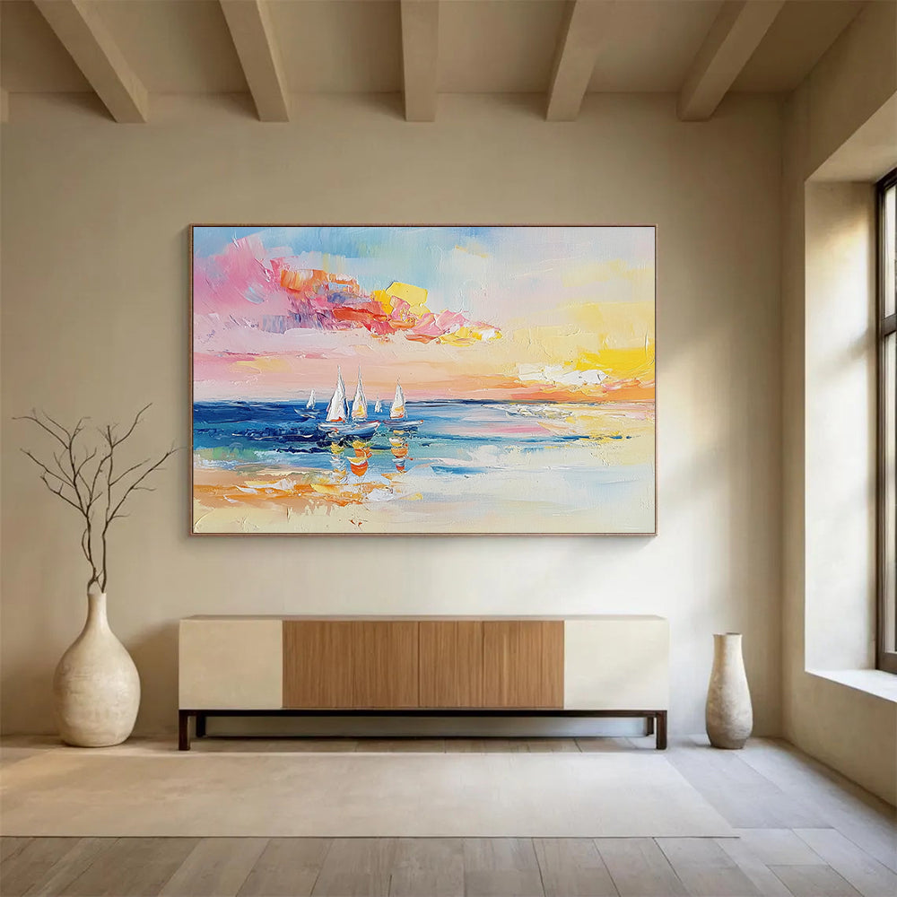 “Colorful Sailboat Seascape” - Pink, Yellow, Blue, White - Impasto Sailboats at Sunset - Oil Painting HB1307