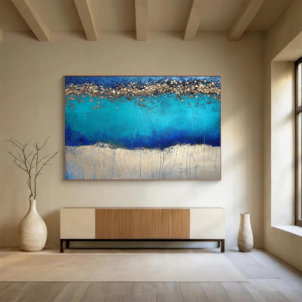 “Blue and Gold Sparkle” - Rich Blues, Shimmering Golds, Textured Abstract Layers - Mixed - Media Painting HB1753