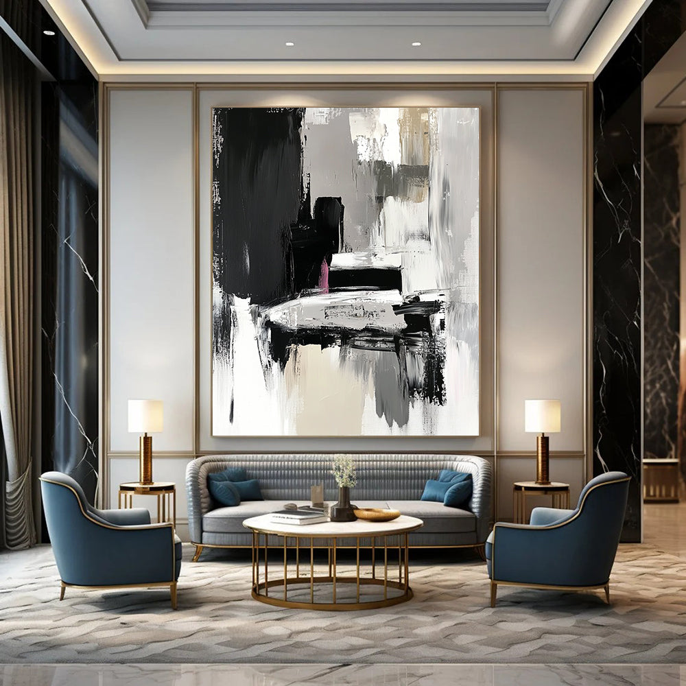 Contemporary hand-painted abstract artwork in black and grey features expressive brushstrokes with fluid shapes and textured surfaces depicting a car in an art gallery. DLZ0924