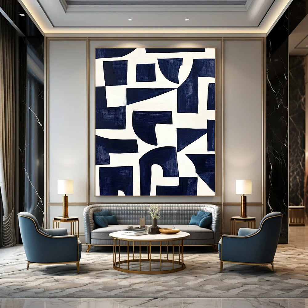 Contemporary hand-painted abstract art features navy blue shapes on a white background inspired by Matisse's cutouts with dark indigo and off-white accents. DLZ1430