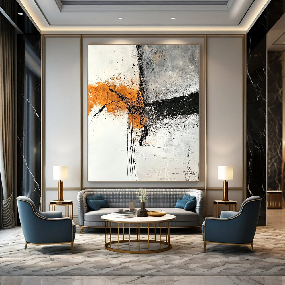 Contemporary abstract artwork featuring textured layers in gray and amber tones with rust orange highlights on a white canvas and expressive black ink lines. DLZ0274