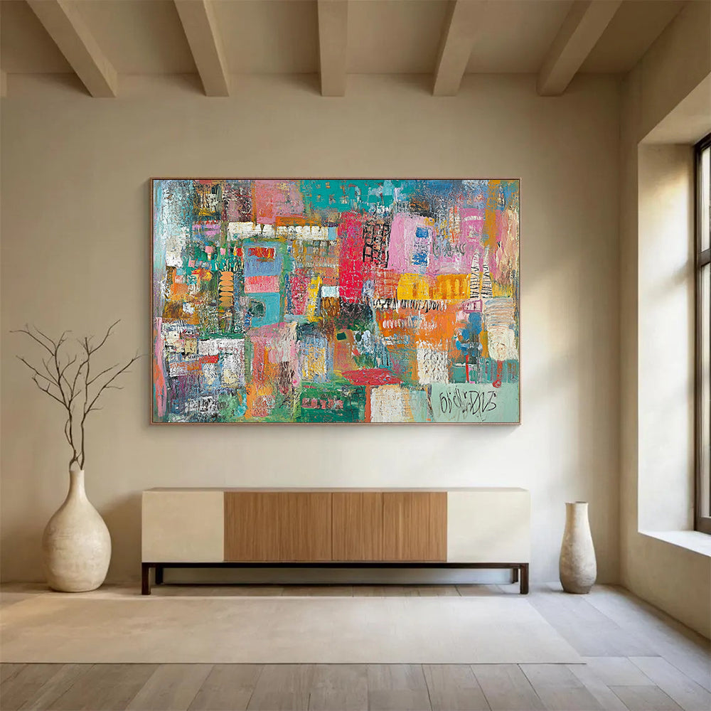 Colorful Urban Mosaic Collage – Mixed - Media Abstract Cityscape Painting HB1473