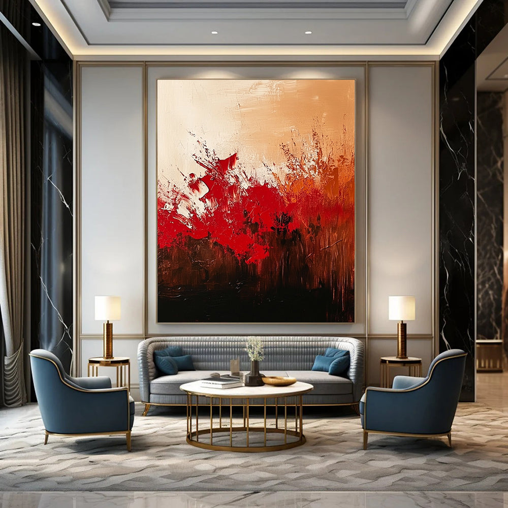Contemporary hand-painted abstract artwork featuring red and brown hues against a textured beige background with elegant brushwork and depth. DLZ0991