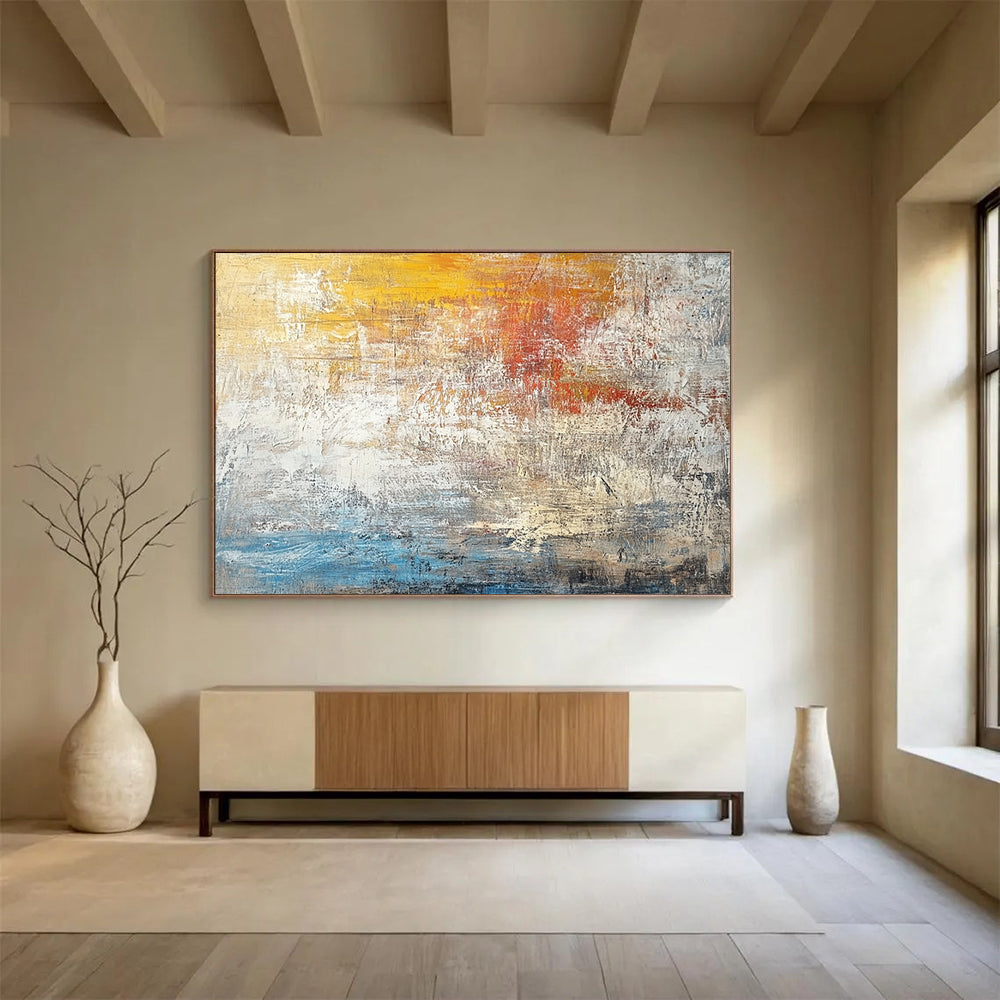 “Sunset Textures” - Yellow, Orange, Red, Blue, Layered Abstract Sunset Painting On Canvas HB1047