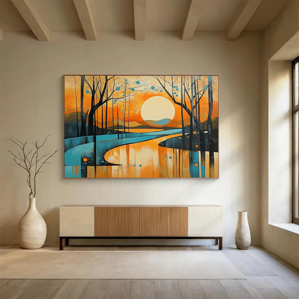 “Sunset Forest Landscape” - Orange, blue, yellow, Modern Landscape Painting HB0627