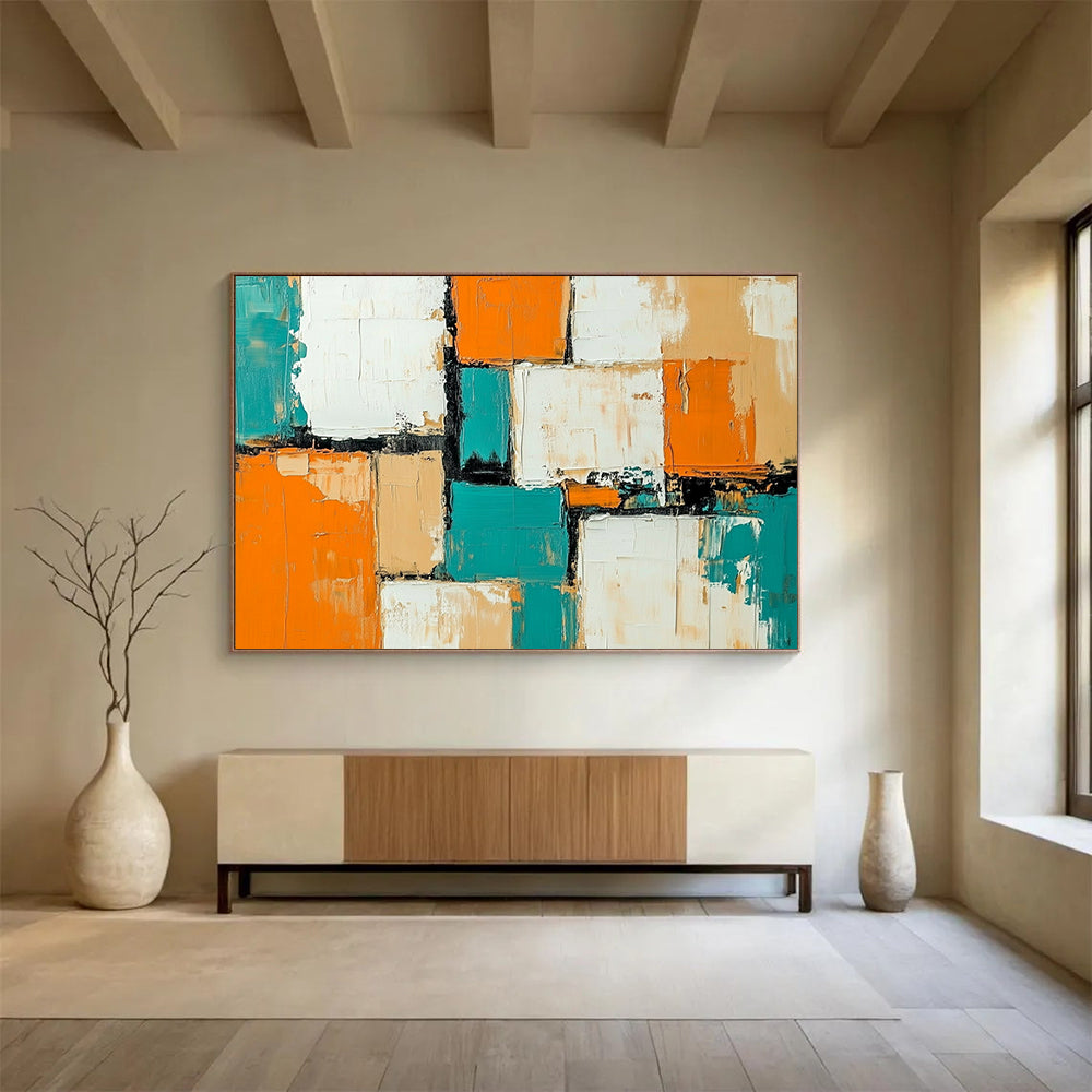 “Colorful Geometric Abstract” - Orange, Teal, Beige, Geometric Abstract Painting On Canvas HB0784