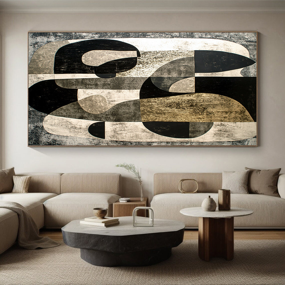Black, Gray & Gold Abstract Forms - “Gilded Industrial Abstraction” Painting On Canvas HB204