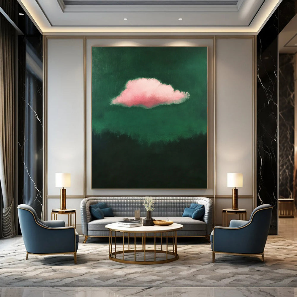 Contemporary minimalist art featuring a single pink cloud against a dark green background exuding low contrast elegance. DLZ1682