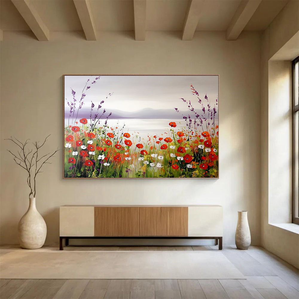 “Poppy Lake Serenity” - Red poppies, purple hills, blue lake, Idyllic Landscape Painting On Canvas HB0582