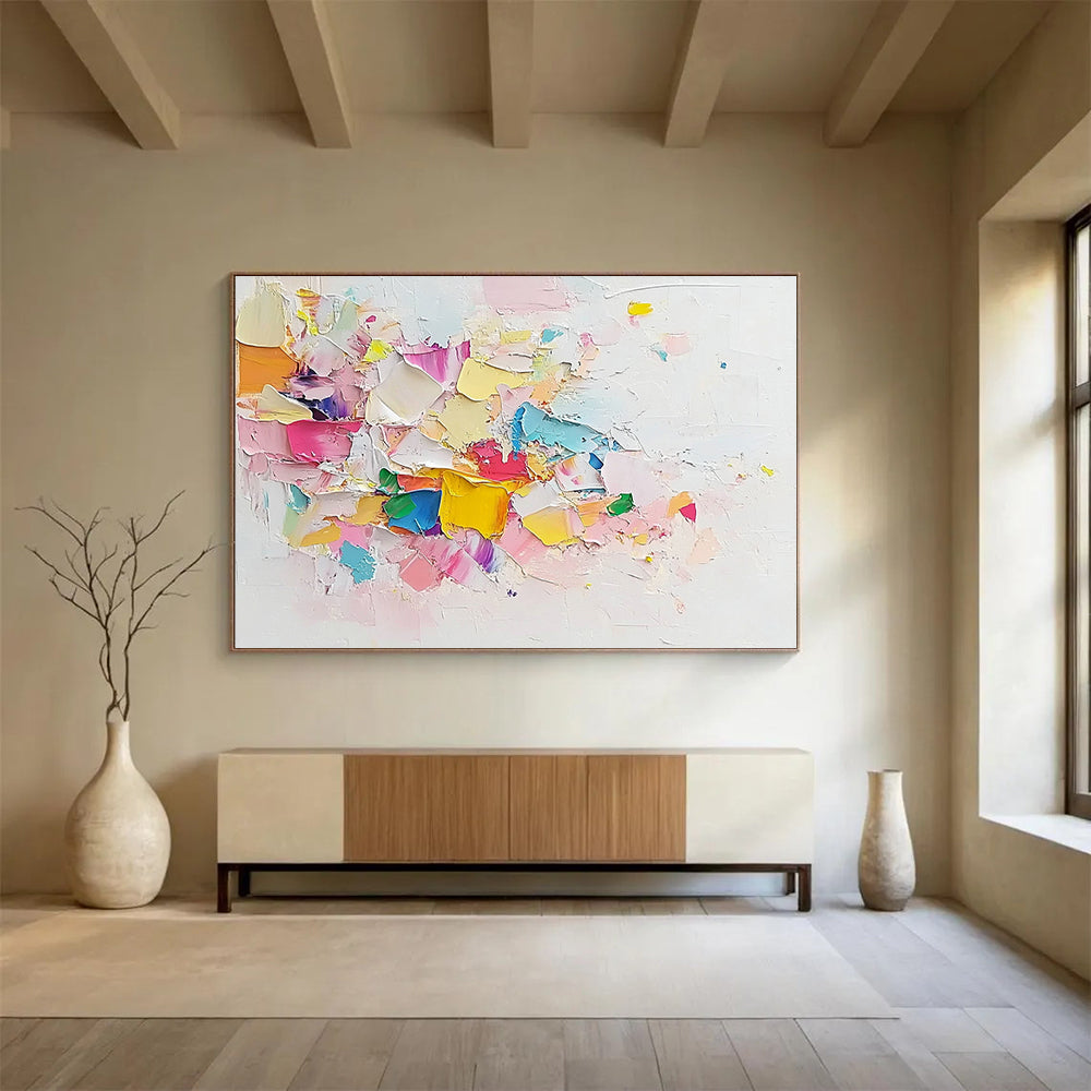 “Colorful Textured Abstract Collage” - Pink, yellow, blue, green, purple; Textured abstract collage; Mixed Media Painting On Canvas HB1223