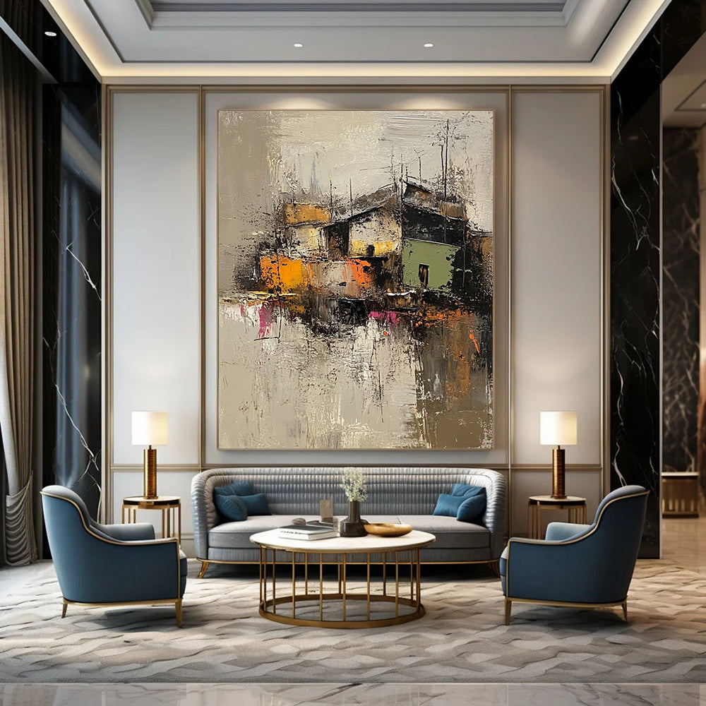 Contemporary abstract artwork featuring an old village in muted grey and brown, highlighted with vibrant green, yellow, orange, and pink textures. DLZ0961