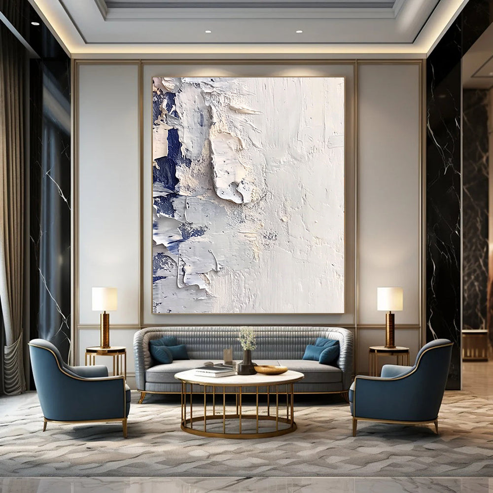 Large contemporary hand-painted abstract artwork featuring white snow and ice with thick impasto textures reminiscent of Richard Schmid's style. DLZ0676
