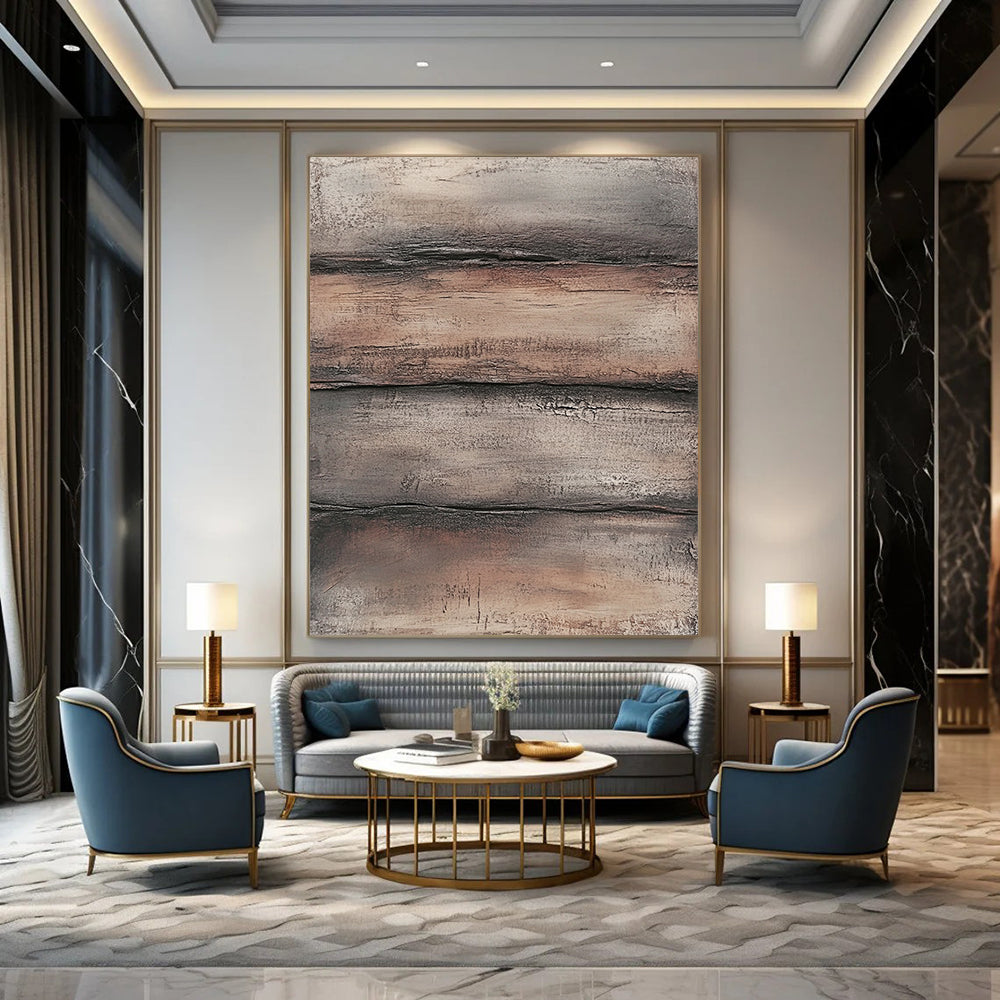 Contemporary hand-painted abstract art featuring textured layers of brown and gray evoking weathered wood in a rugged industrial style. DLZ1480