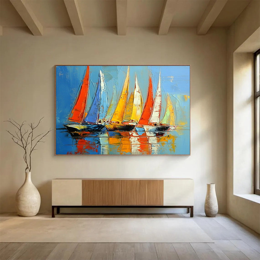 “Vibrant Regatta” - Red, blue, yellow; Colorful sailboats racing on bright water; Palette Knife Oil Painting On Canvas HB1167