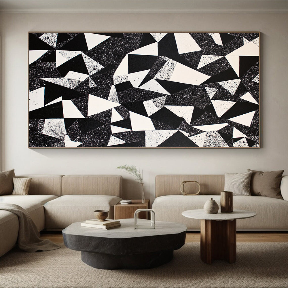 Black, White and Speckled Geometric Triangles "Starry Triangles" Painting On Canvas HB391
