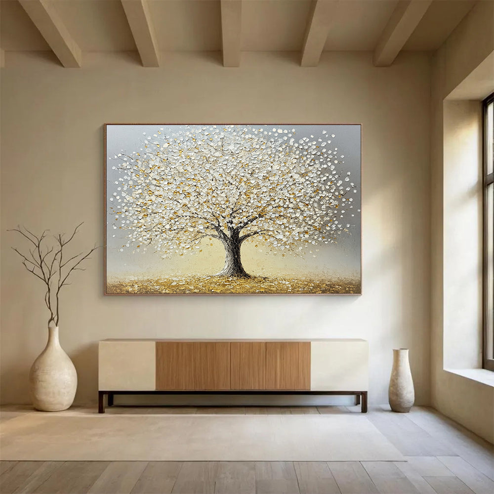 “Silver - Golden Tree” - Gray background, silver leaves, golden accents, Textured Tree Painting On Canvas HB0594