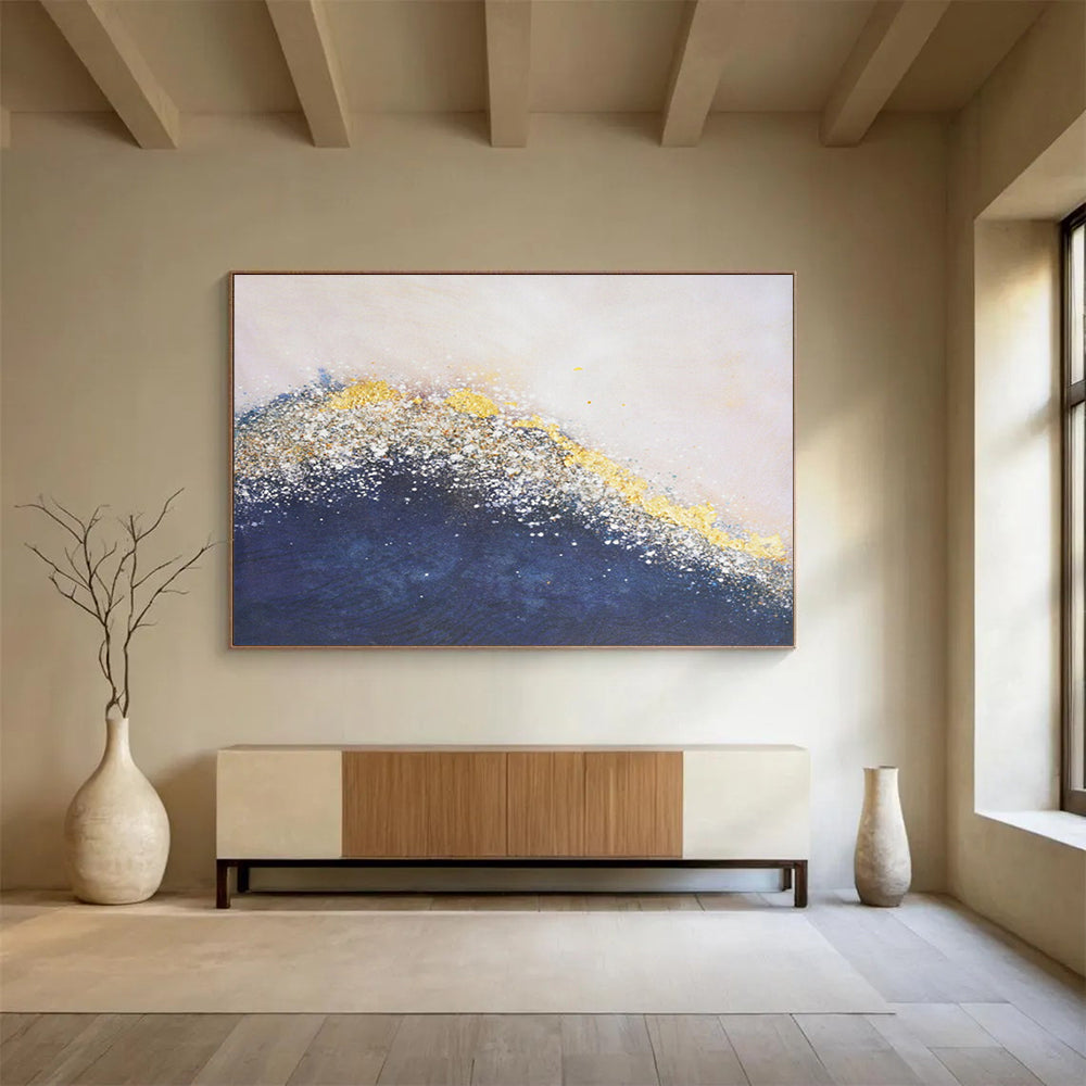 Gold & Blue Abstract Wave - Elegant Living Room or Bedroom Art DLZ268