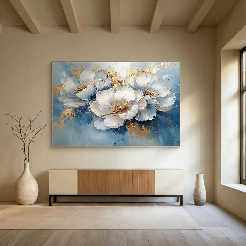 “Blue - Gold Peonies” - Blue, White, Gold with Peony Blooms - Impasto Oil Painting HB1346