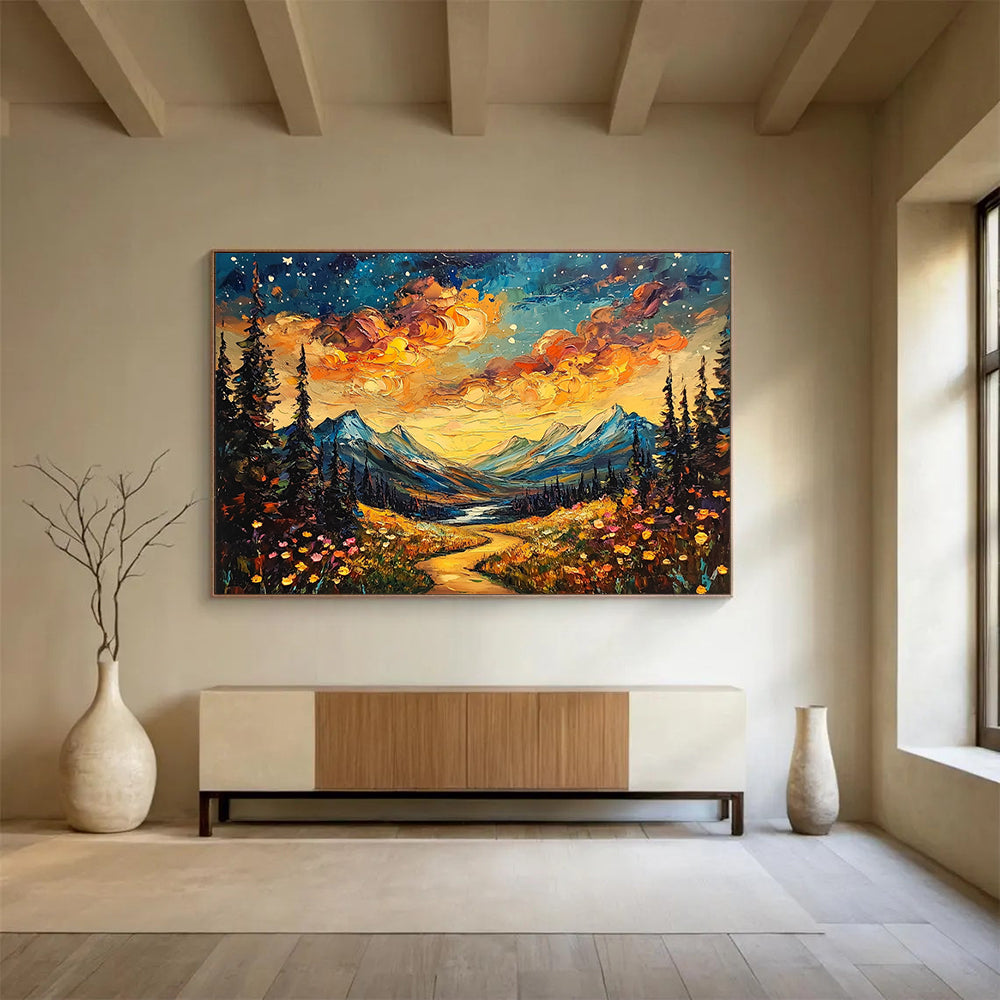“Starry Mountain Path” - Vivid sunset clouds, colorful wildflowers, Impasto Landscape Painting On Canvas HB0567